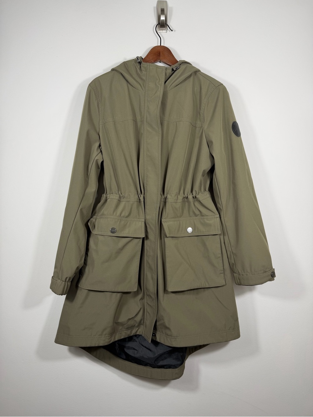 DKNY Women’s L Olive Green Hooded Utility Parka Jacket Longline Anorak